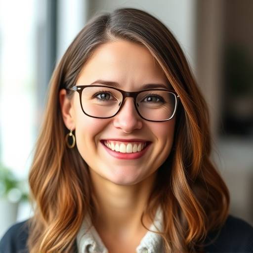Portrait of Emily Carter, the host of Creative Canvas Podcast, a smiling woman with brown hair and glasses.